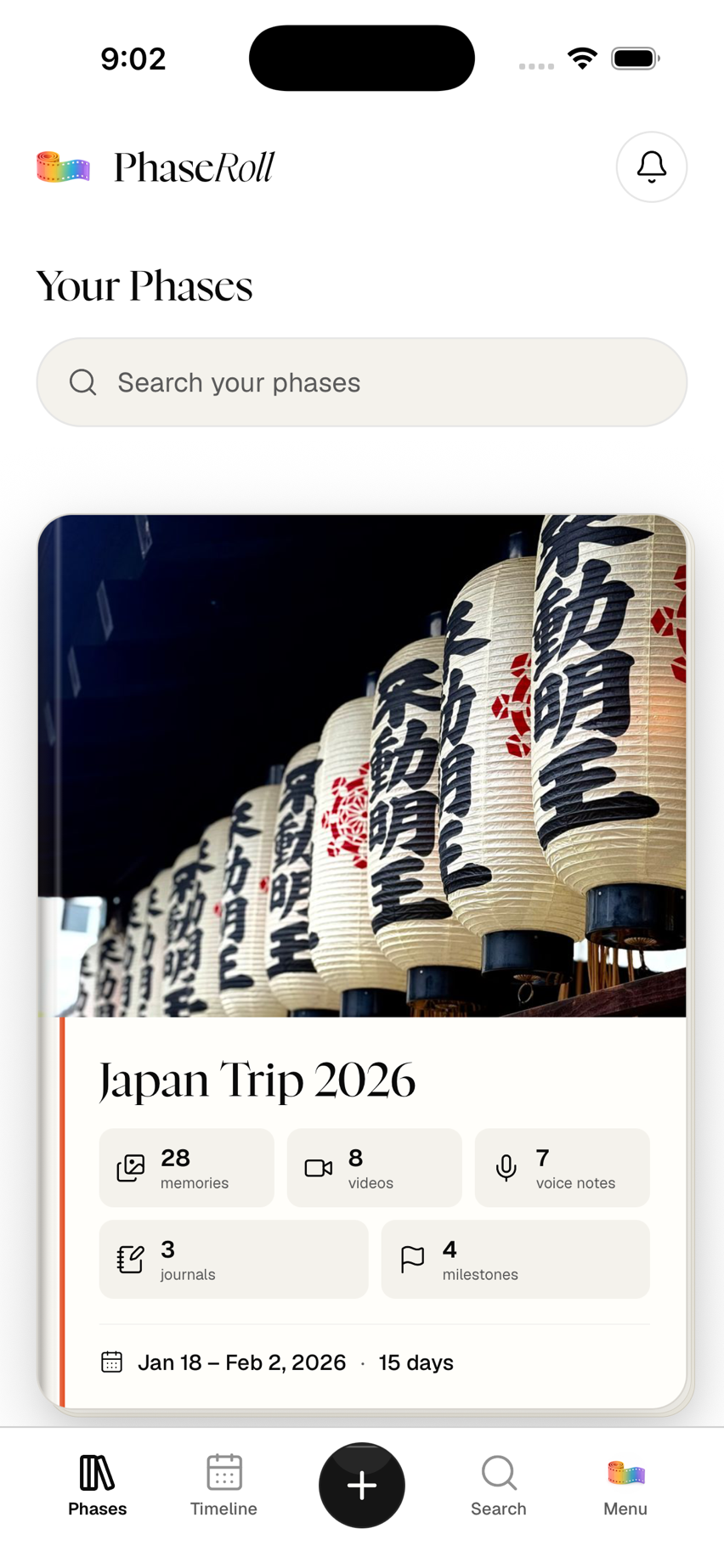 Japan Trip Phase view with day-by-day photos, videos, voice recordings, and journal entries